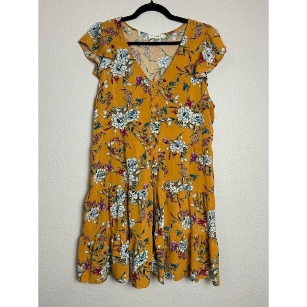 Live to Be Spoiled Junior's XXL Dress Yellow Floral Tiered Ruffle Summer Cottage